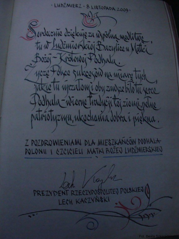 Podziękowanie śp. prezydenta Lecha Kaczyńskiego